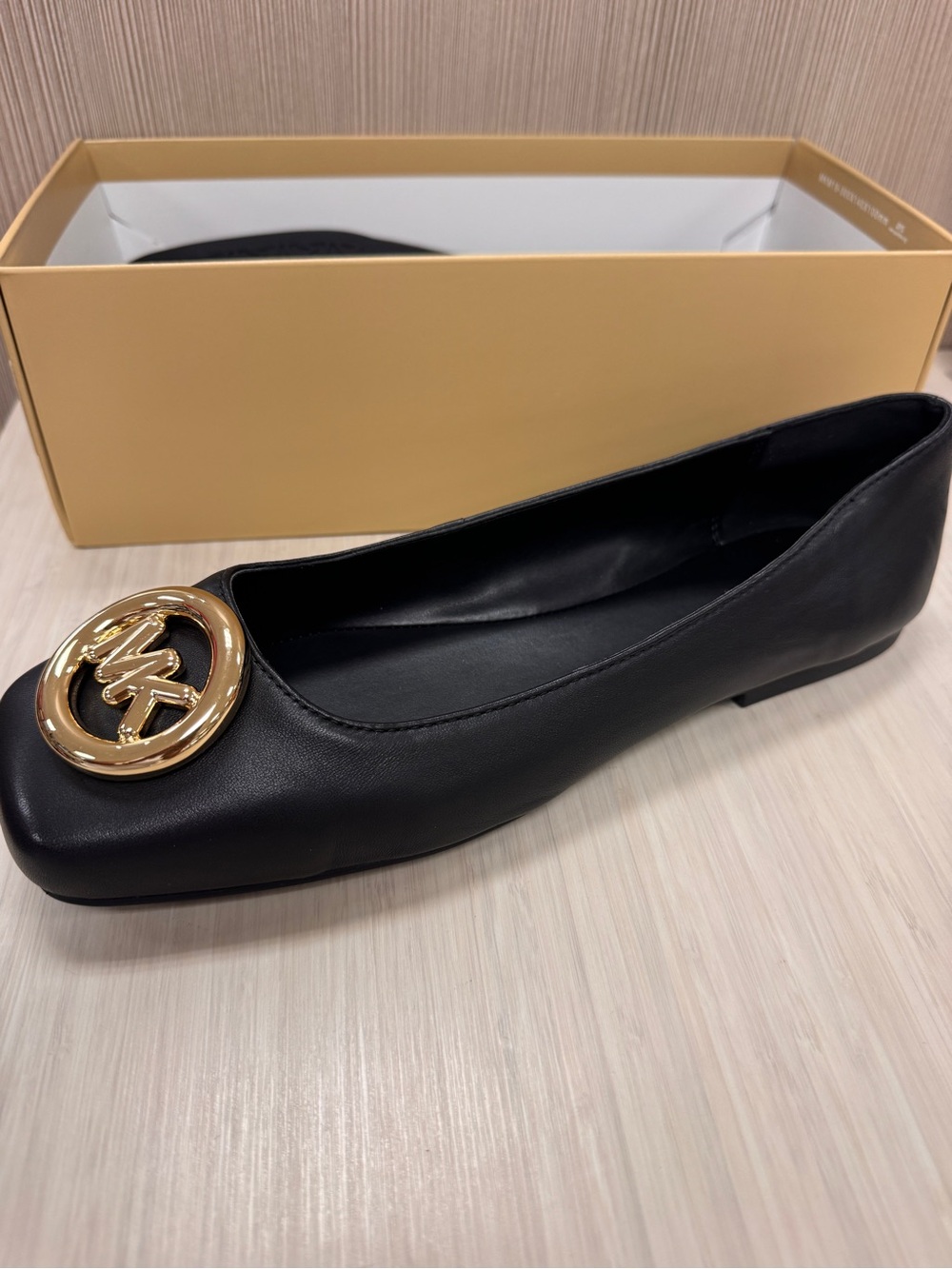 Michael Kors Black Leather Square-Toe Ballet Flat with Gold Logo